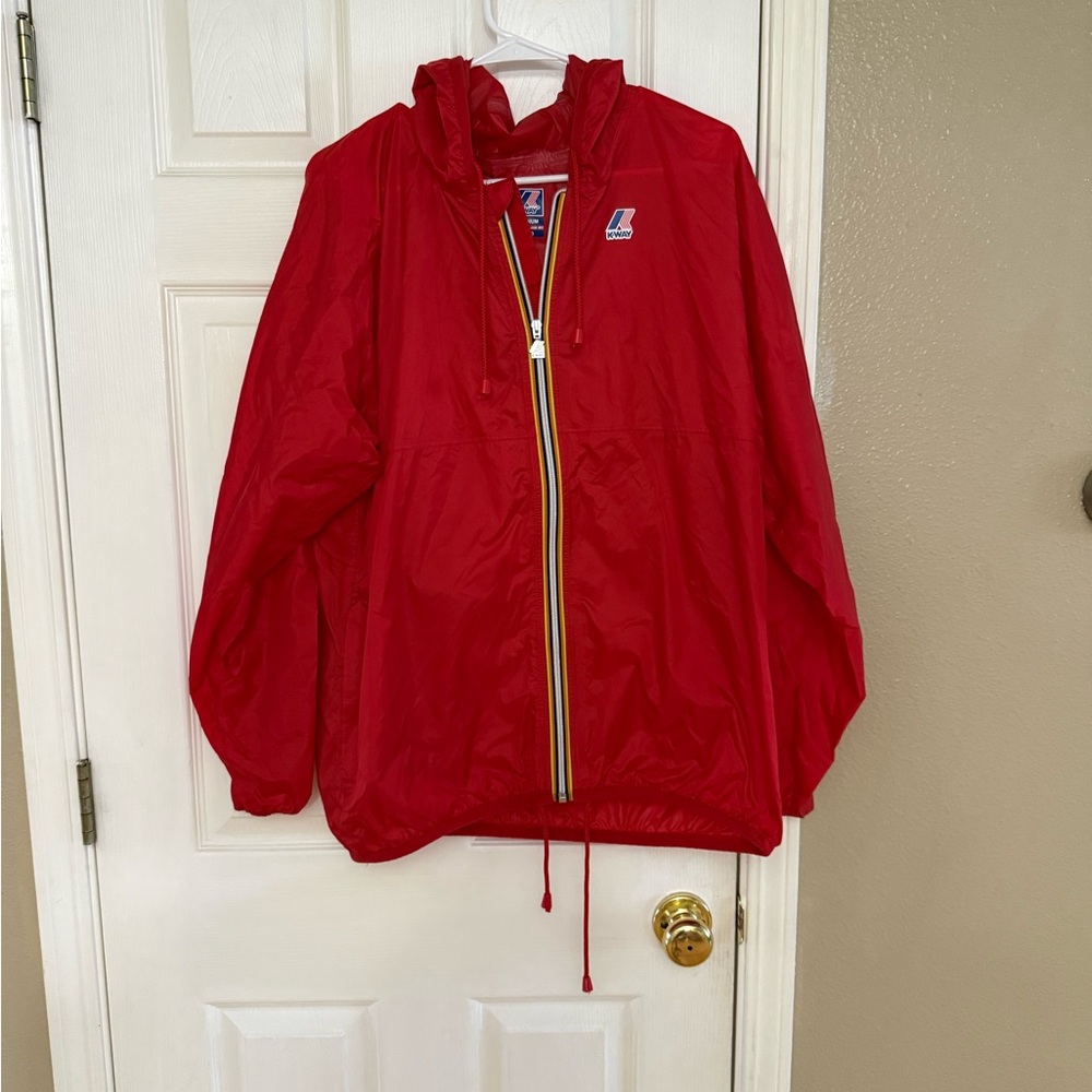 K-Way Red Hooded Lightweight Rain Jacket with Contrast Zip Trim